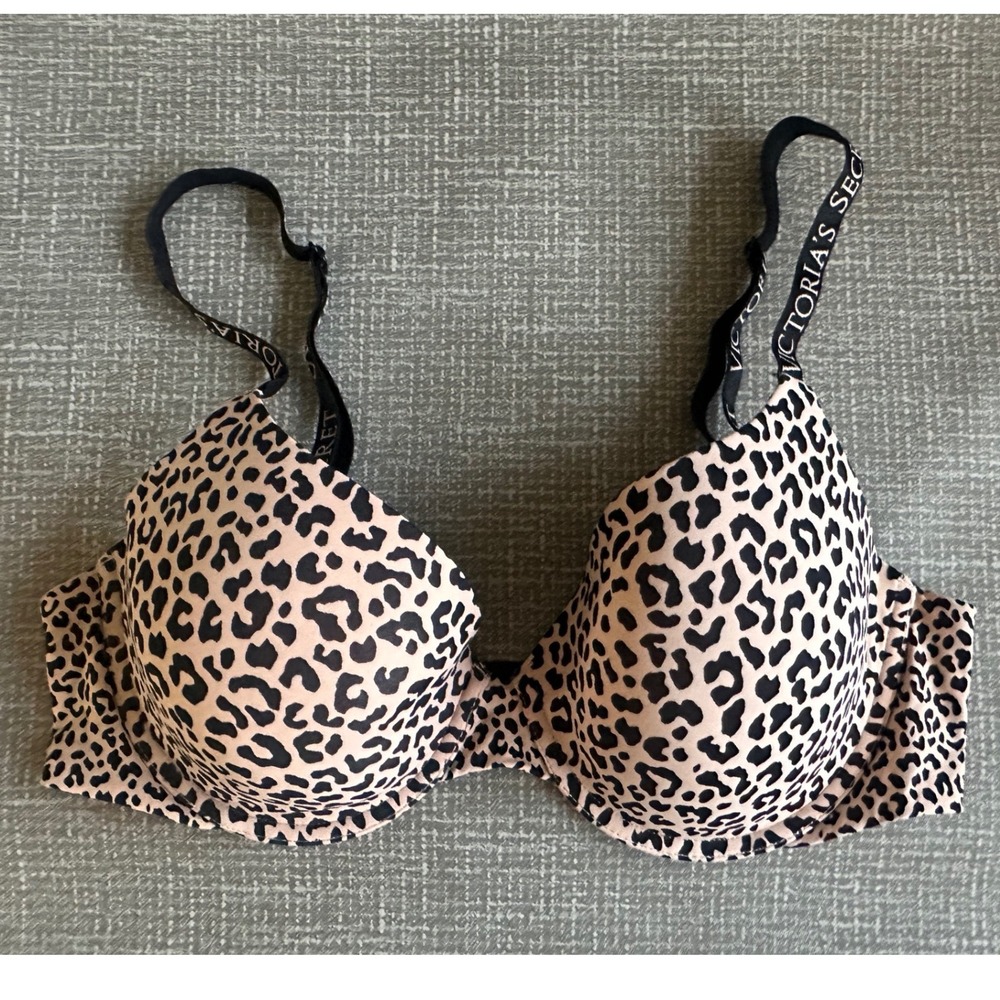 Victoria's Secret Leopard Print T-Shirt Bra Logo Straps Tan Black 36C